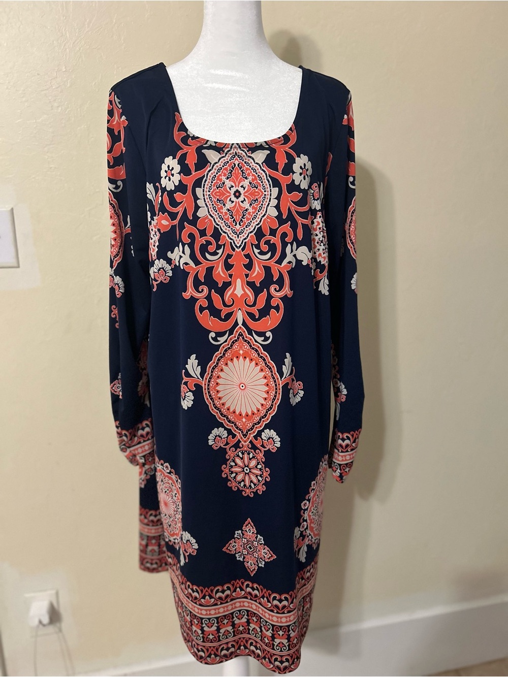 INC International Concepts Navy and Coral Long Sleeve Printed Shift Dress
